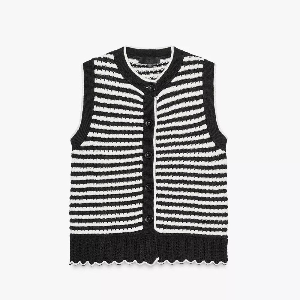 Black & White Striped Knit Button-Up Sweater Vest